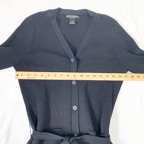 Sarah Spencer black button front tie waist tunic length 100% italian merino wool - Picture 4 of 6